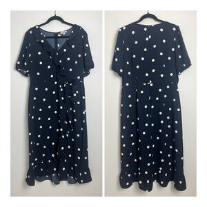 LOFT Blue White Polka Dot Ruffle Detail Faux Wrap Puff Sleeve Midi Dress Size 12